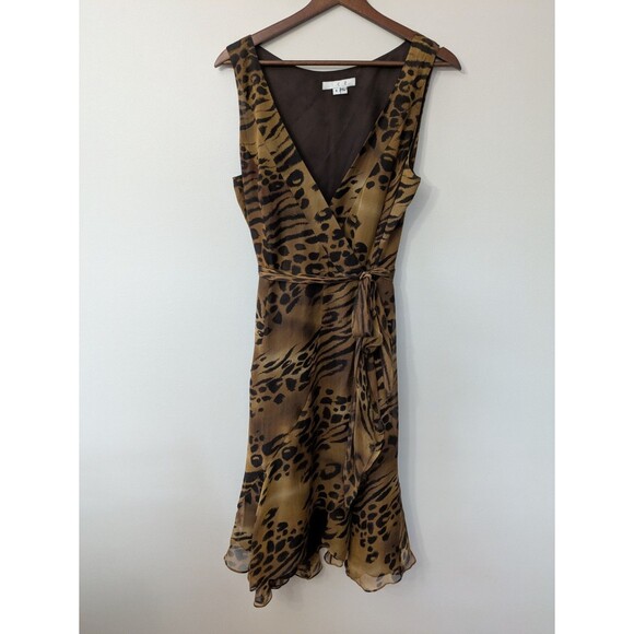 Vtg 90s Y2K ICE Silk Wrap Dress Leopard Print Midi Sheer Flowy Lightweight Sz 8 - Picture 1 of 13